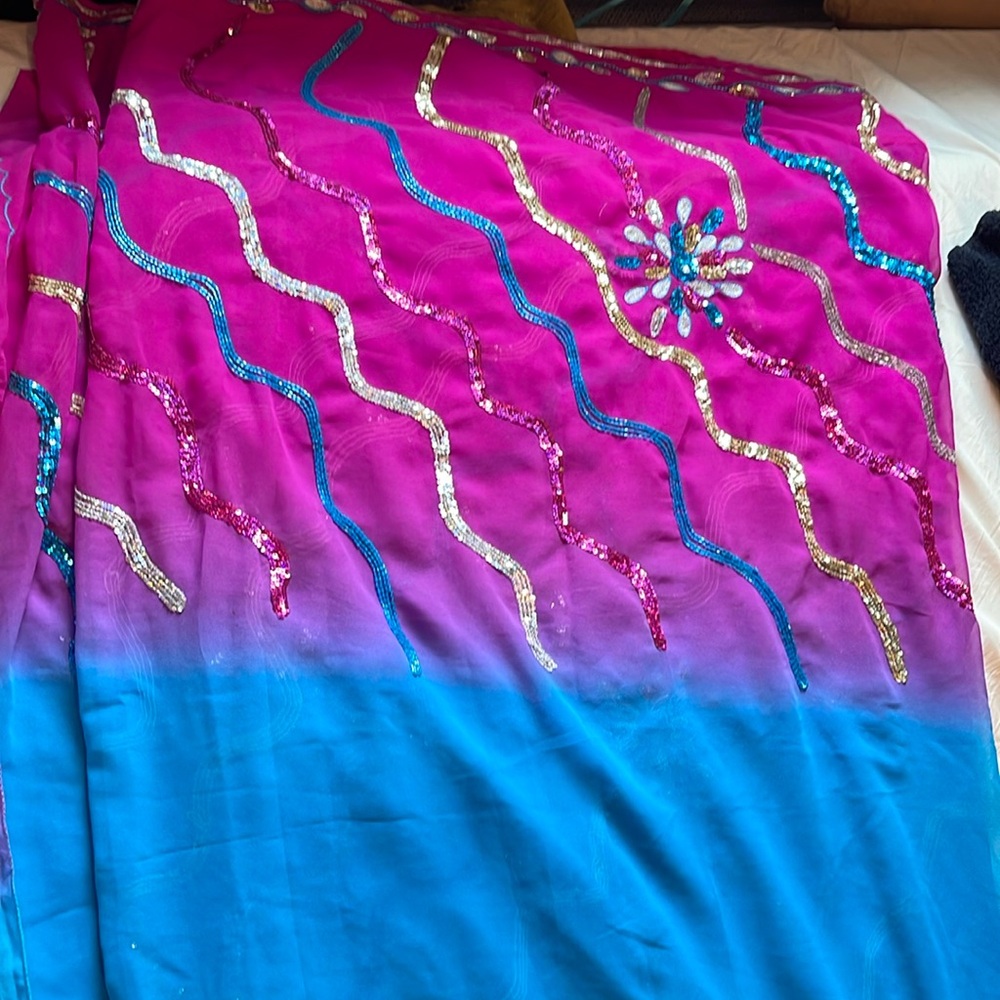 2 color pink and blue georgette sari with sequin work.